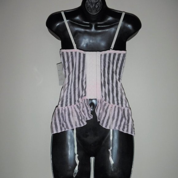 NWT Music Legs Pink Stripe Sheer Chemise w/ Garter Hooks Lingerie sz M - Picture 2 of 3